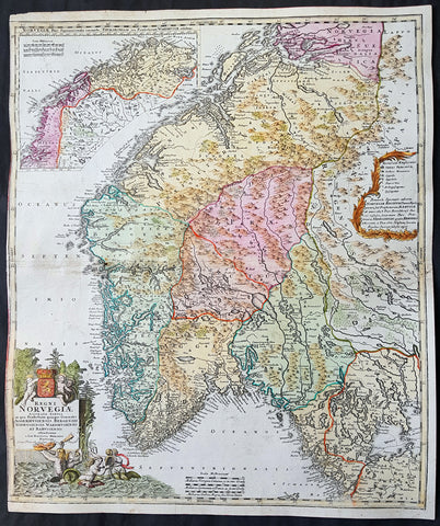 1720 J B Homann Large Original Antique Map of Norway - Regni Norvegiae
