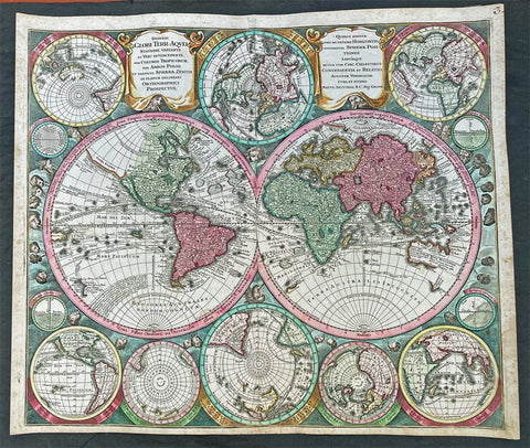 1740 Georg Seutter Large Antique Twin Hemisphere World Map - Beautiful