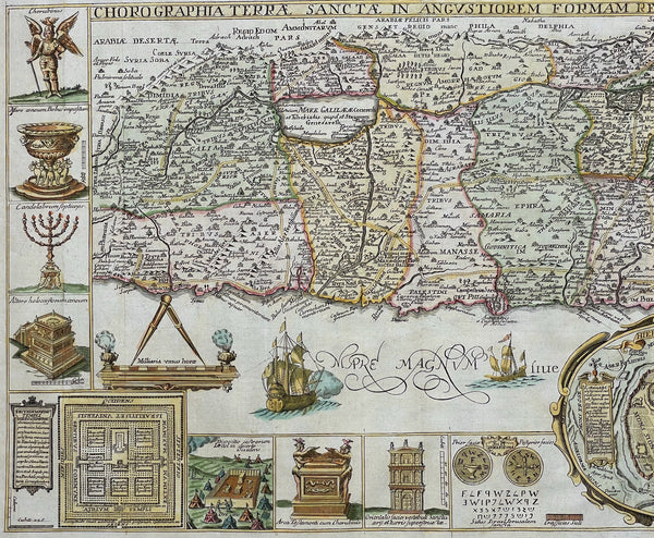 1632 Jacobus Tirinus Large Antique Map of The Holy Land, Palestine, XII Tribes