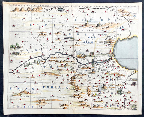 1662 Hornius & Jansson Antique Holy Land Map Tribes Ruben, Gad, Benjamin,  Ephraim & Manasseh