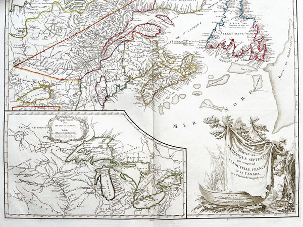 1755 (1778) De Vaugondy Large Antique Map of The Great Lakes America East Canada