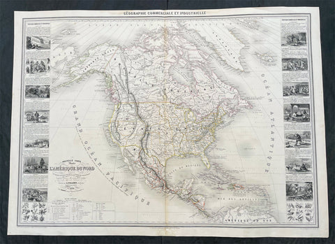 1857 Alexandre Vuillemin Large Antiqque Map of North America...Beautiful