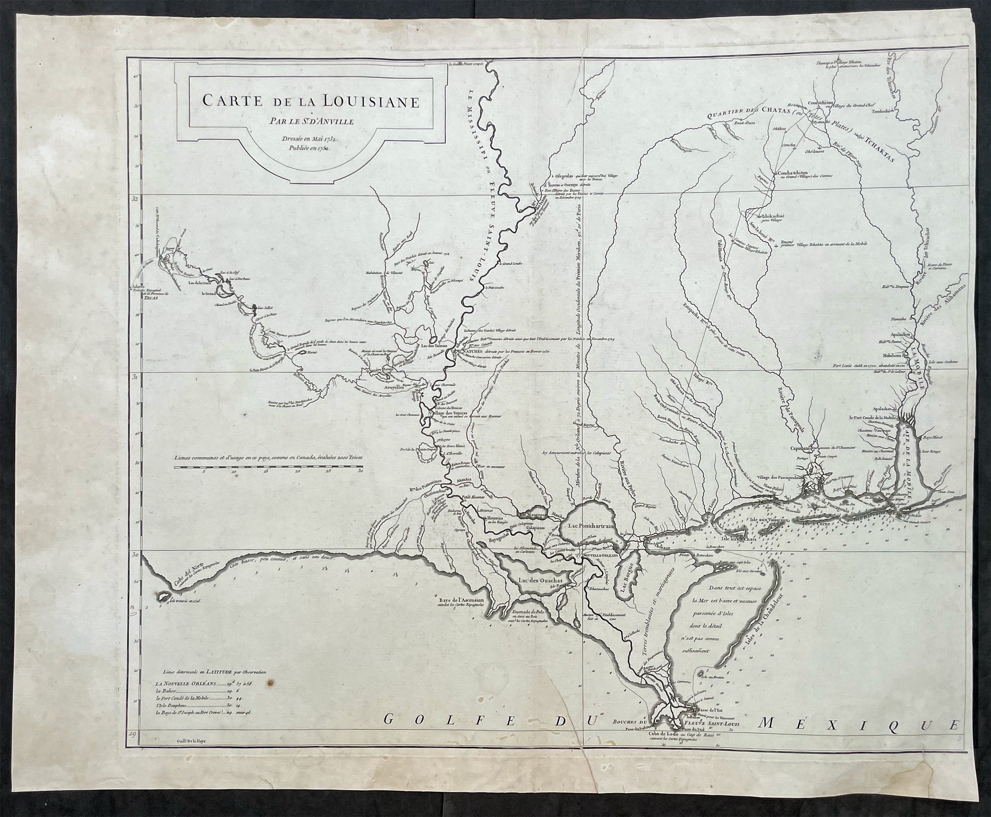 1752 D Anville Large Antique Map of Louisiana, New Orleans, Gulf Coast,  America