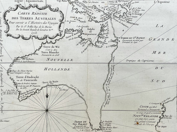 1753 Bellin Antique Map of Australia & New Zealand - Carte Reduite.....Australes