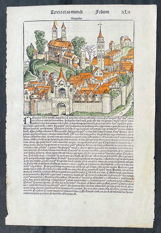 1493 Hartmann Schedel Antique Print View of Naples Italy & The Lineage of Christ