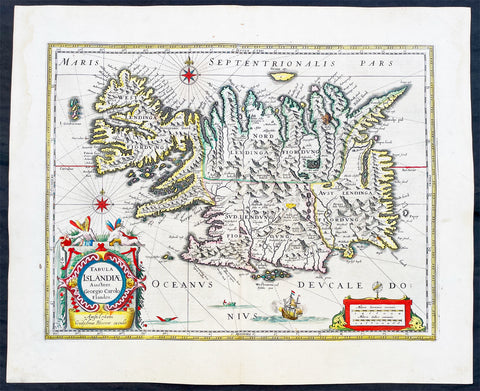 1647 Joan Blaeu Antique Map of Iceland - Beautiful Original Hand Colouring