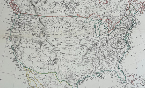 1856 A K Johnston Large Antique Map of North America, Railways to Missouri