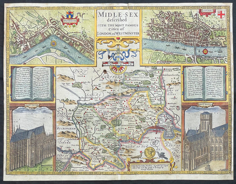 1627 John Speed Antique Map of Greater London, Middlesex with Birds Eye Views