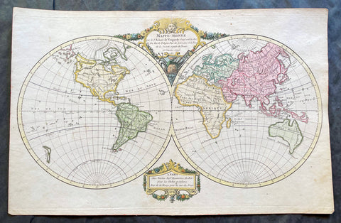 1780 Robert De Vaugondy Antique Twin Hemisphere World Map