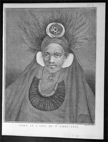 1778 Capt. Cook Antique Print Portrait Chief of Tahuata, Marquesas Isles in 1774