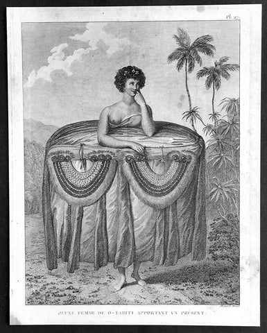 1785 Capt. Cook Visit to Tahiti in 1777 - Antique Print of Gifts for Cook & Men