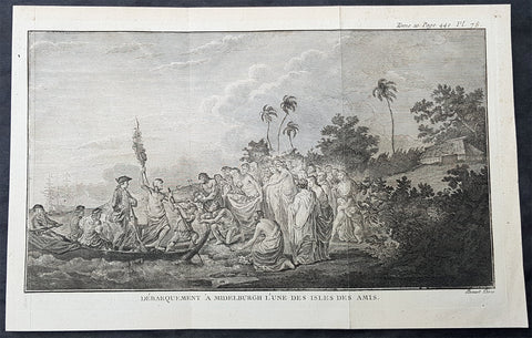 1778 Capt Cook Antique Print of Capt Cook Landing on Eua Island, Tonga in 1773