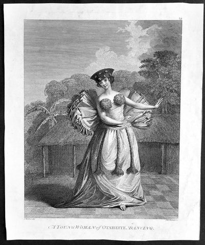 1784 Capt Cook Original Antique Print 1st Edition, Tahitian Dancing Girl in 1777