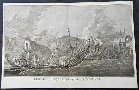 1778 Capt Cook Antique Print of the Tahitian Fleet, Oparee Reef, Tahiti in 1773