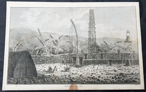 1785 Capt Cook Antique Print Interior of a Heiau, Island of Kauai Hawaii in 1778