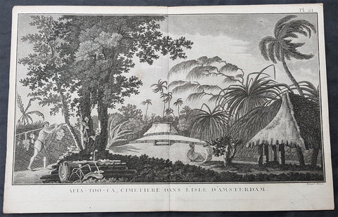 1785 Capt Cook Antique Print View of Tongatapu Tonga Burial Mounds or Langi 1777