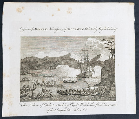 1787 Bankes Antique Print Tahitians Attacking Capt. Wallis, Matavai Bay Tahiti in 1767