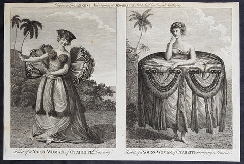 1787 Bankes Antique Print of Dancing Girls & Gifts in Tahiti During Cooks 3rd Voyage, 1777