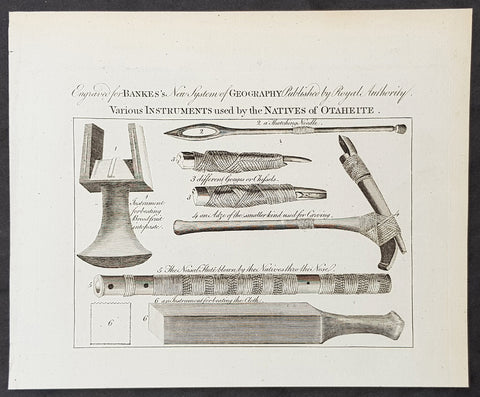 1787 Bankes Antique Print Tahitian Tools, Instruments & Flute - Capt Cook 1769