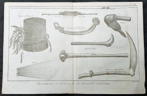 1778 Capt. Cook Antique Print Weapons Tools Hats from New Caledonia - Cook 1774