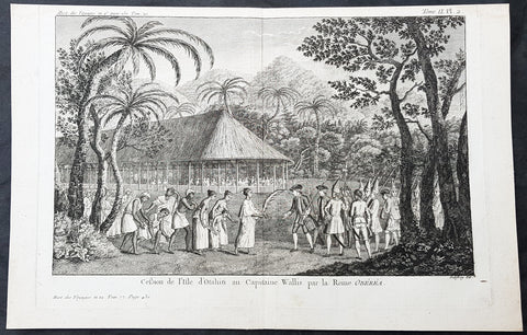 1774 Hawkesworth Antique Print Queen Purea Surrender to Capt Wallis Tahiti, 1767