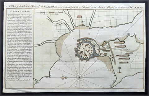 1760 Bowen Antique Map, Plan Fort & Town of Vijaydurg, Maharashtra State, India