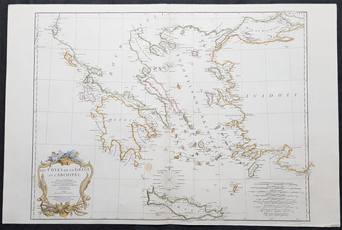 1756 J B D Anville Large Antique Map Greece, Crete, Corfu, Aegean Isles Turkey