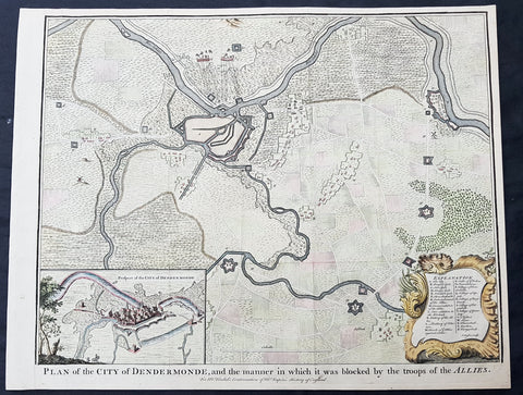 1745 Tindal Antique Map Battle Plan & View Siege of Dendermonde, Belgium in 1706