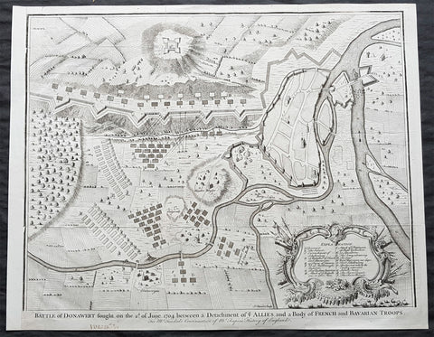 1745 Nicolas Tindal Large Antique Map The Battle of Schellenberg, Germany 1704