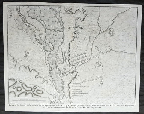 1745 Nicolas Tindal Antique Map Battle of Almenar Balaguer, Catalonia, Spain