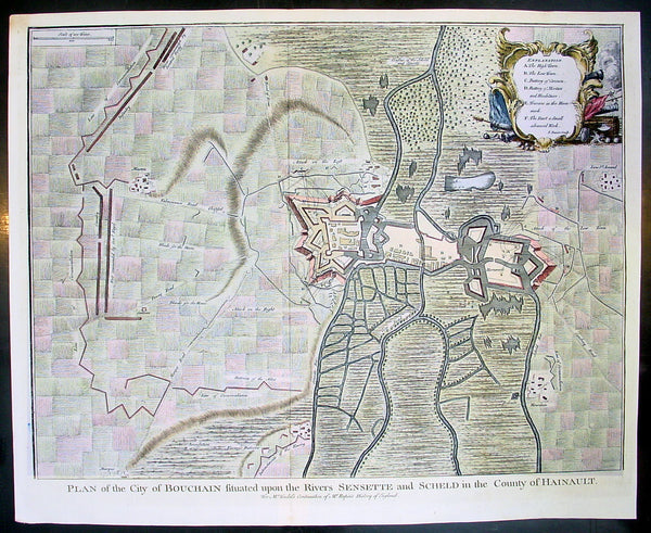 1745 Tindal Antique Map Battle Plan of Siege of Bouchain, Calais, France in 1711