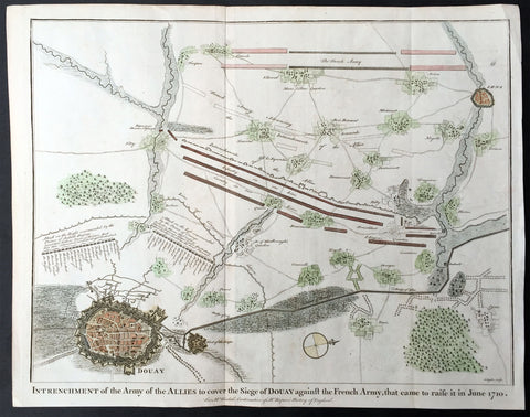 1745 N Tindal Original Antique Map Siege of Douai, Flanders, North France in 1710