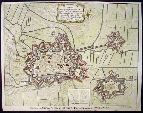 1745 Tindal Original Antique Map of Aire-sur-la-Lys, Fort St Francis & St Venant, France