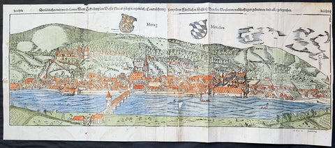 1574 Sebastian Munster Large Antique Birds Eye City View of Heidelberg, Germany