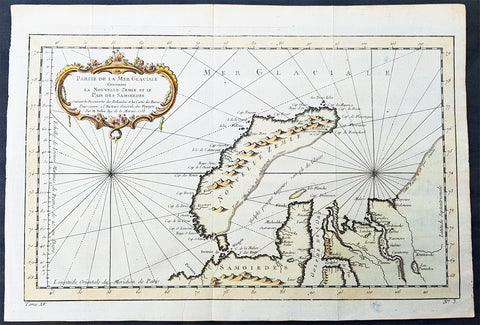 1758 Nicolas Bellin Original Antique Map of Russia The Island of Novaya Zemlya