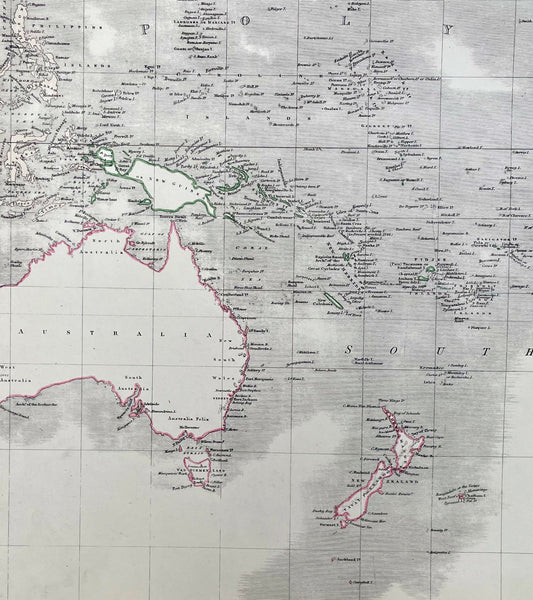 1845 Johnston Large Antique Map of Australia, New Zealand, North America Pacific