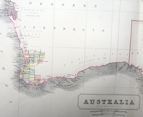 1844 W & AK Johnston Large Antique Map of Australia - South Australia Settlement