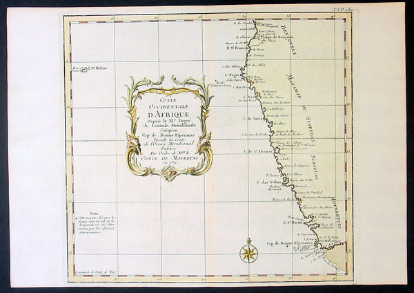 1739 Bellin Original Antique Map of SW Africa The Cape to Angola - Hottentots