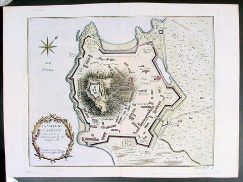 Copy of 1753 Bellin Antique Map Plan of the City of Cayenne French Guyana, South America
