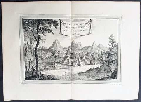 1750 Prevost Antique View of Juan Fernandez Island Chile, Alex. Selkirk & R. Crusoe