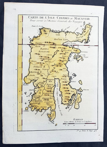 1752 Bellin Antique Map of the Island of Sulawesi, formerly Celebes, Indonesia