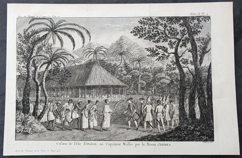 1774 Hawkesworth Antique Print Queen Purea Surrender to Capt Wallis Tahiti, 1767