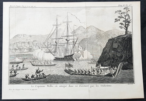 1774 Hawkesworth Antique Print Capt Wallis attacked in Matavia Bay, Tahiti, 1767