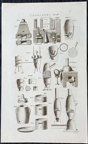 1798 William Hall Antique Print of Chemistry Furnace or Ovens & Sectional Parts