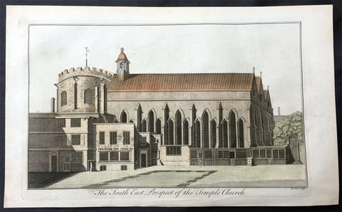 1756 Maitland Large Antique Print of Temple Church London, Knights Templars