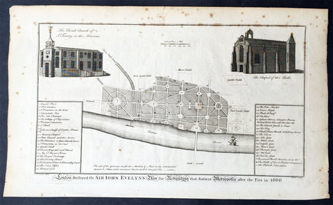 1756 Cole Maitland Antique Map, Evelyns Plan For London after Great Fire of 1666