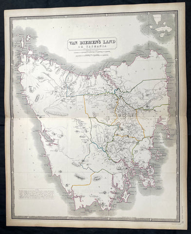 1856 A K Johnston Large Antique Map of Van Diemens Land or Tasmania, Australia