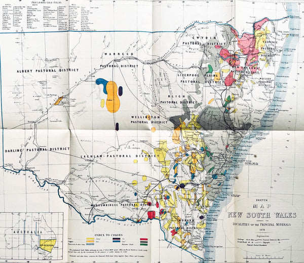 1876 Thomas & Tayler Scarce Antique Goldfields & Minerals Map of New South Wales