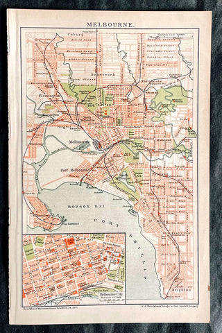 1896 F.A. Brockhaus Antique Map, Street Plan of Melbourne, Victoria, Australia