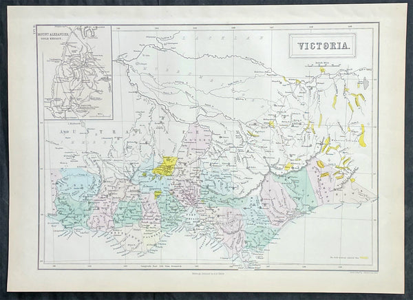 1855 John Bartholomew Large Antique Goldfields Map of Victoria, Australia
